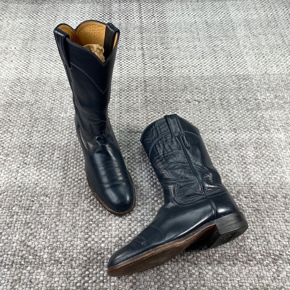 Vintage Justin 3057 Navy Blue Leather Roper Cowboy Boots Women 5.5 B USA